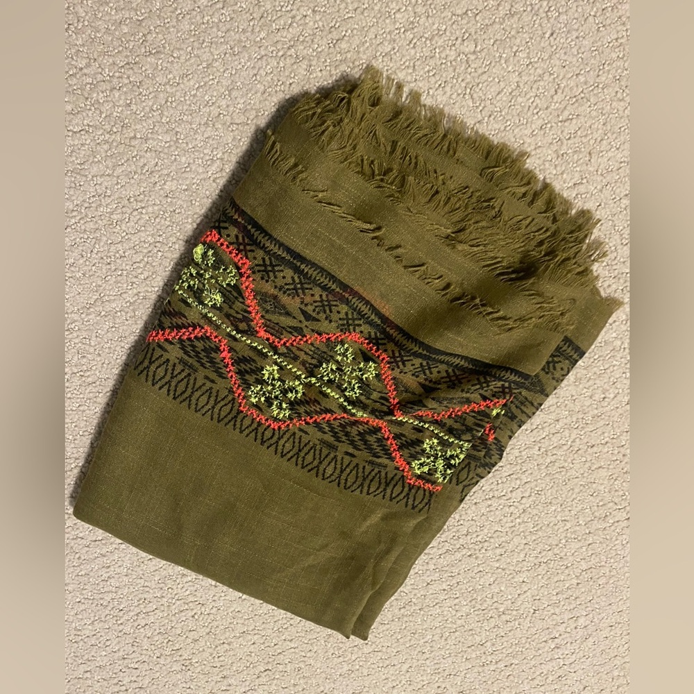 Olive Green Embroidered Scarf